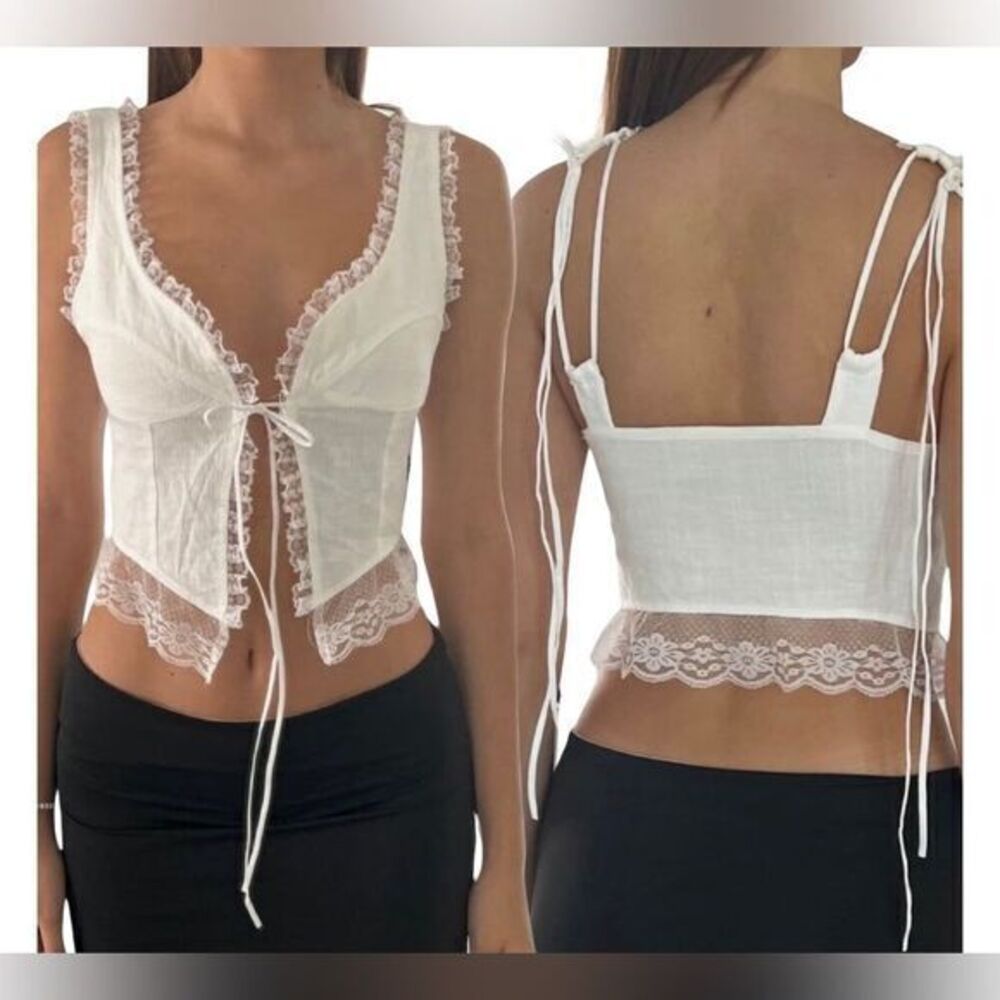 Commense Romantic White Lace Trim Crop Top Camisole Boho Chic Tank‎ S